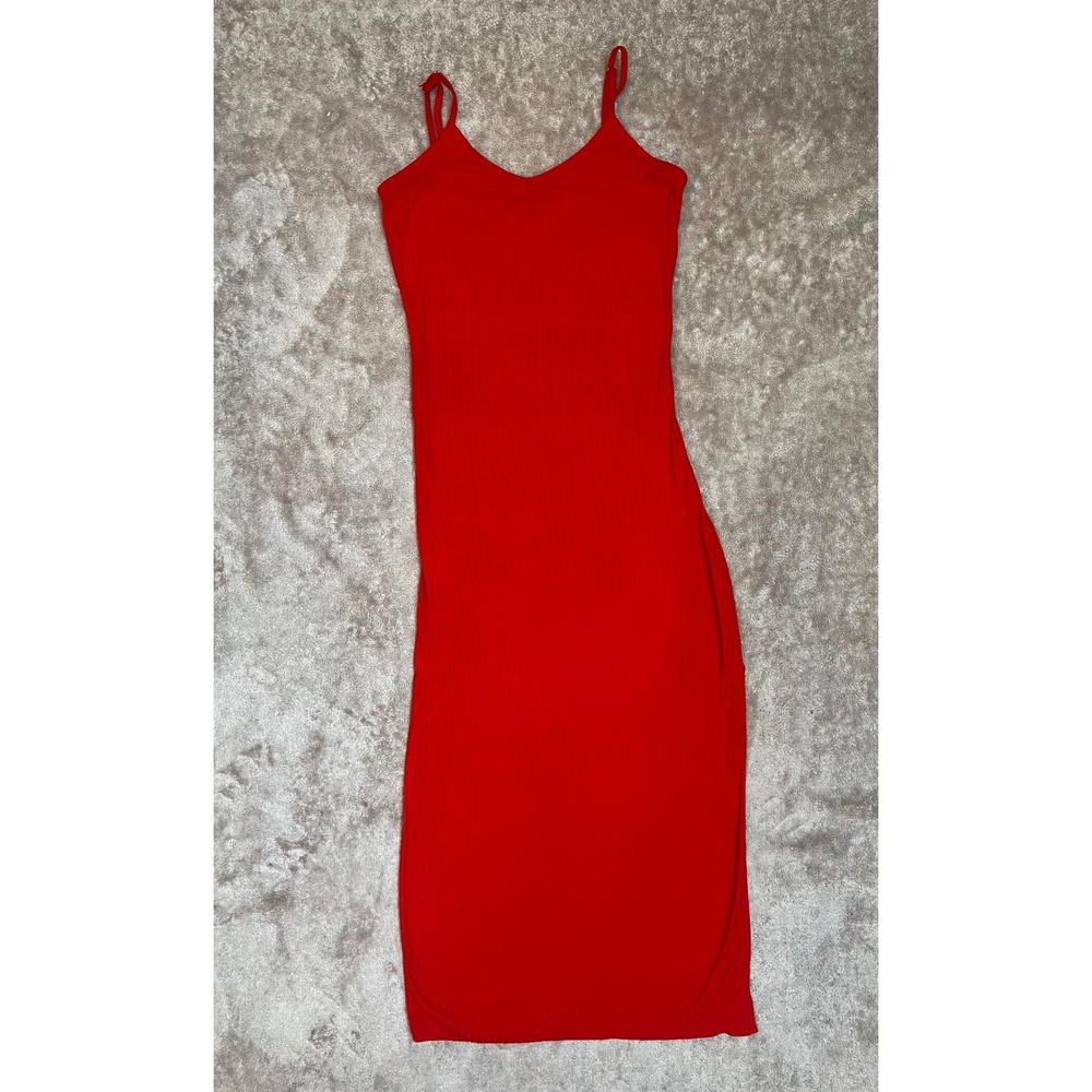 Maxi Dress Red Ribbed Spaghetti Strap Side‎ Slit Size L - Picture 11 of 13